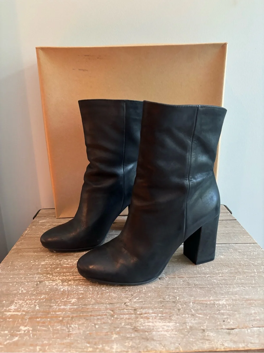 Lucky Brand Black Leather Mid-Calf Block Heel Boots